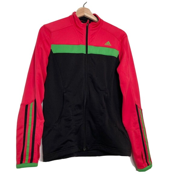 Adidas Climalite Women’s Running Track Jacket Pink Black Green Pockets Size M - Picture 1 of 12